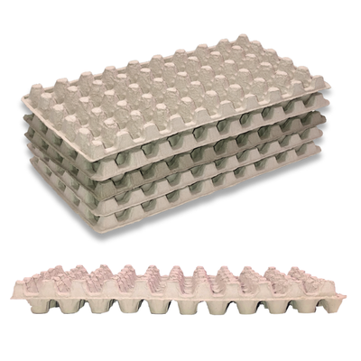 Angled and stacked view of a sturdy 50-cell pulp filler flat tray for eggs and small machined parts organization