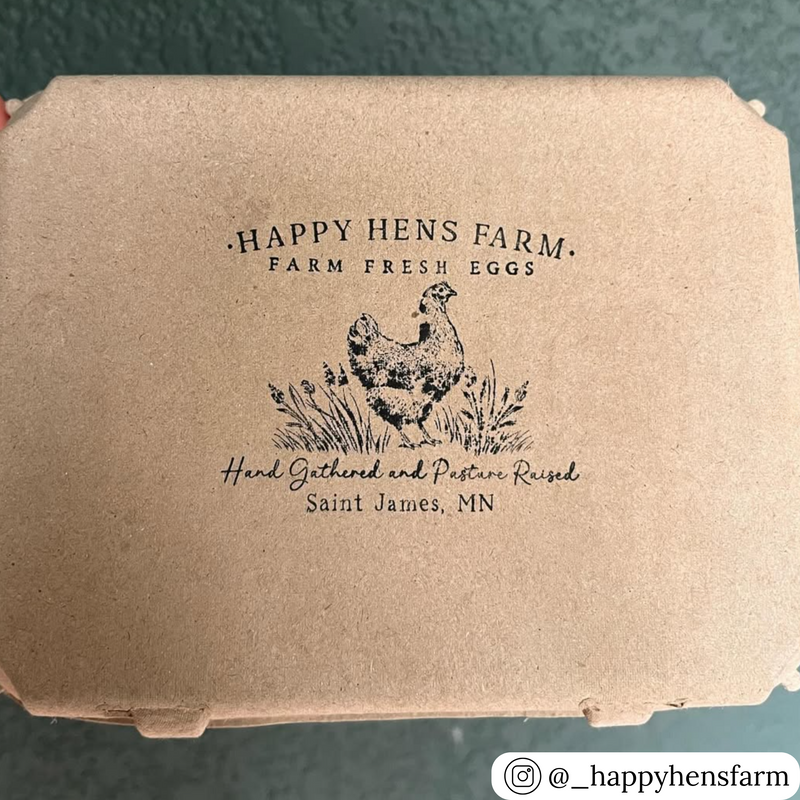 top view of a brown vintage 12-egg carton with a custom  farm stamp, food packaging solutions