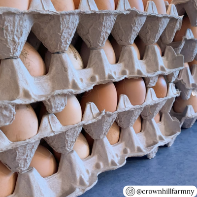  Gray 30-egg flat tray filled with brown eggs at a market stand.
