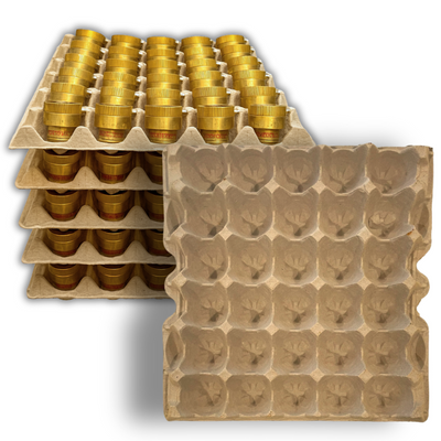 Stack of metal parts organized on a pulp egg filler flat with 30 compartment cells