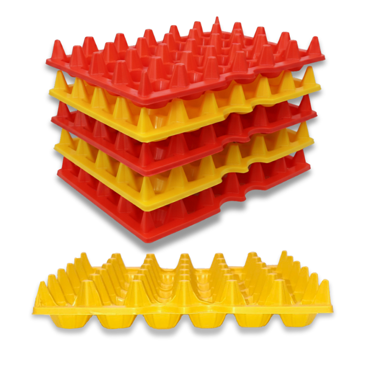 Multipack of red and yellow 30-cell reusable plastic filler flat trays for eggs or machine shops