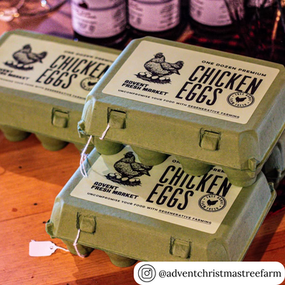 Stacked army green vintage egg cartons custom labeled “Chicken Eggs”