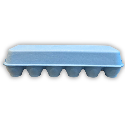 Back view of a baby blue unprinted egg carton with 12 cells