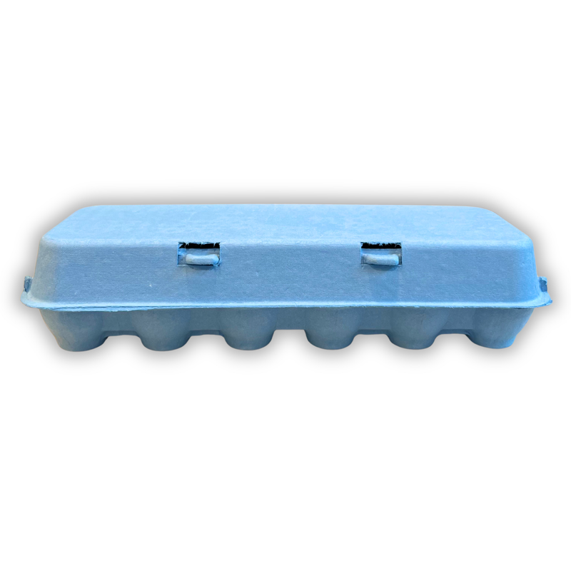 Front view of a blue pulp flat top egg carton, wholesale egg packaging 
