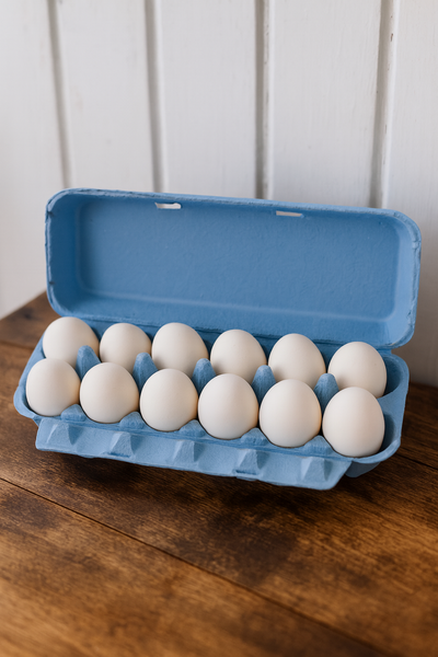 Blue recyclable carton of eggs on a wooden surface with a white background