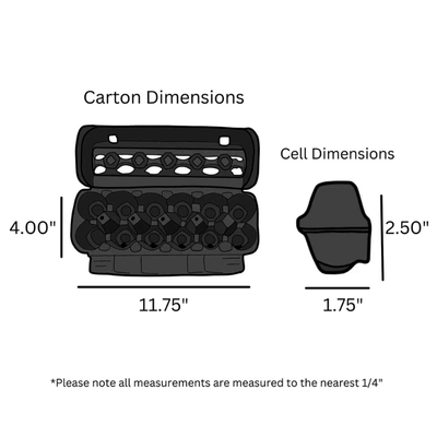 Diagram showing black egg carton and cell dimensions with measurements in inches.