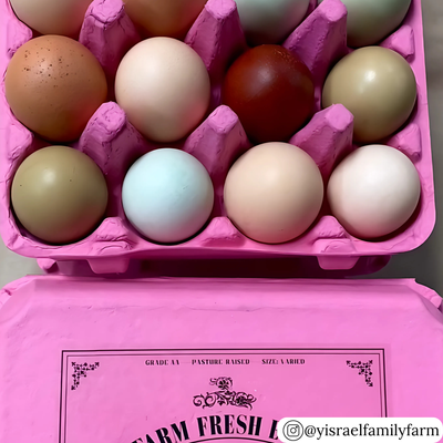 Unique pink egg carton packaging with 12 cells