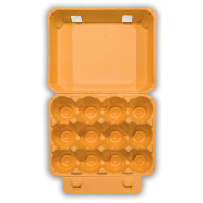 Open view of a 4x3 cell 12-egg vintage carton. Bright orange paper pulp material