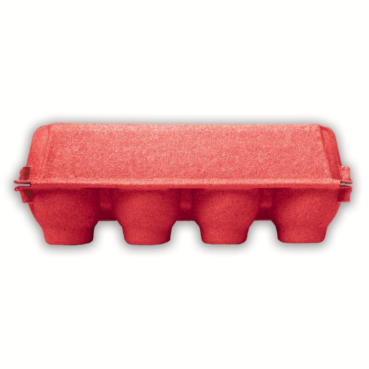 Back view of a red pulp vintage egg carton 