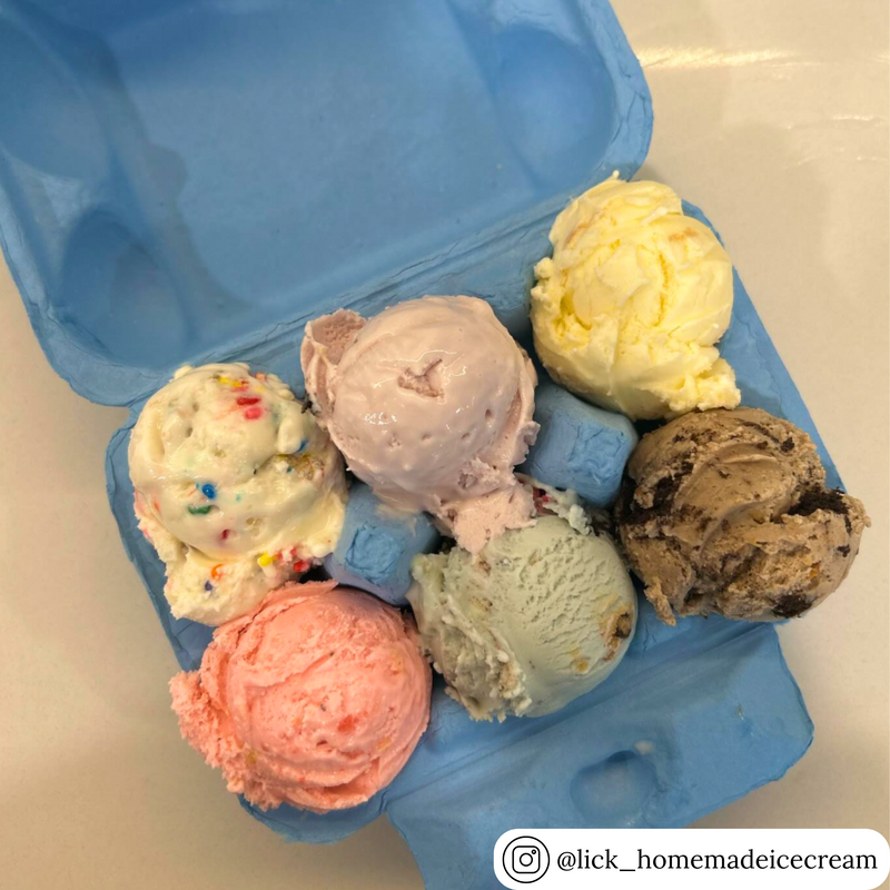 Bright blue pulp 6-egg carton repurposed to hold colorful scoops of ice cream. Great for creative presentations. Bulk available in multiple pulp colors.