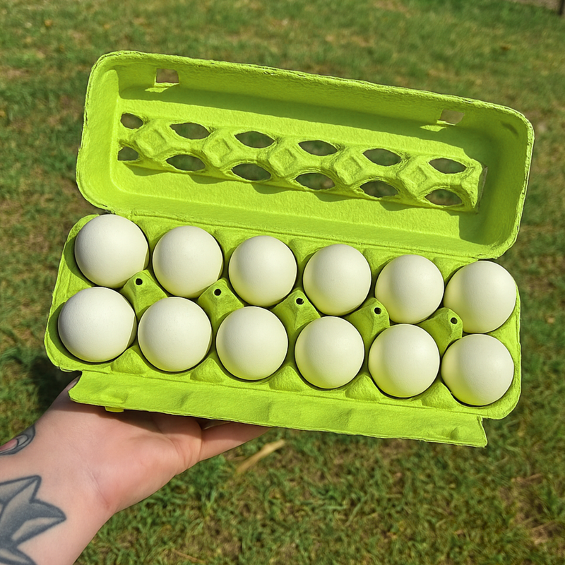 Green egg carton with white eggs held by a person against a grassy background