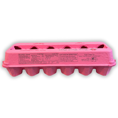 Back view of a printed 2x6 standard egg carton in pink paper pulp bulk