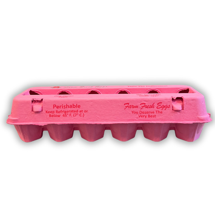 Front view of a 12-cell brightly colored pink pulp printed egg carton, wholesale quantities