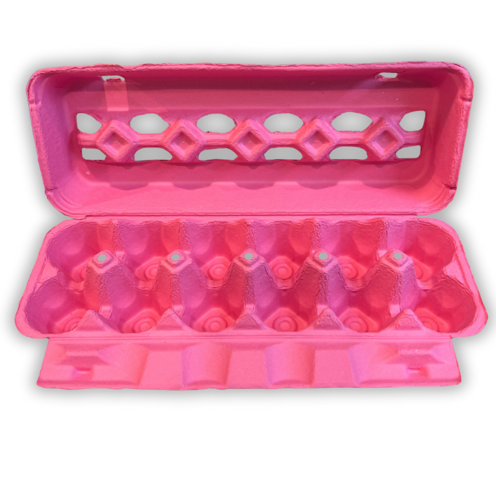 Open view of 12-cell uniquely colored pink pulp egg carton, printed 