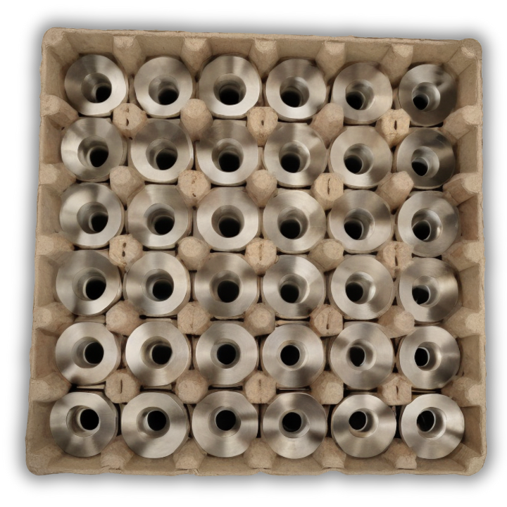 Egg Tray Filler Flat Natural paper pulp tray with 36 cells filled with small machined parts