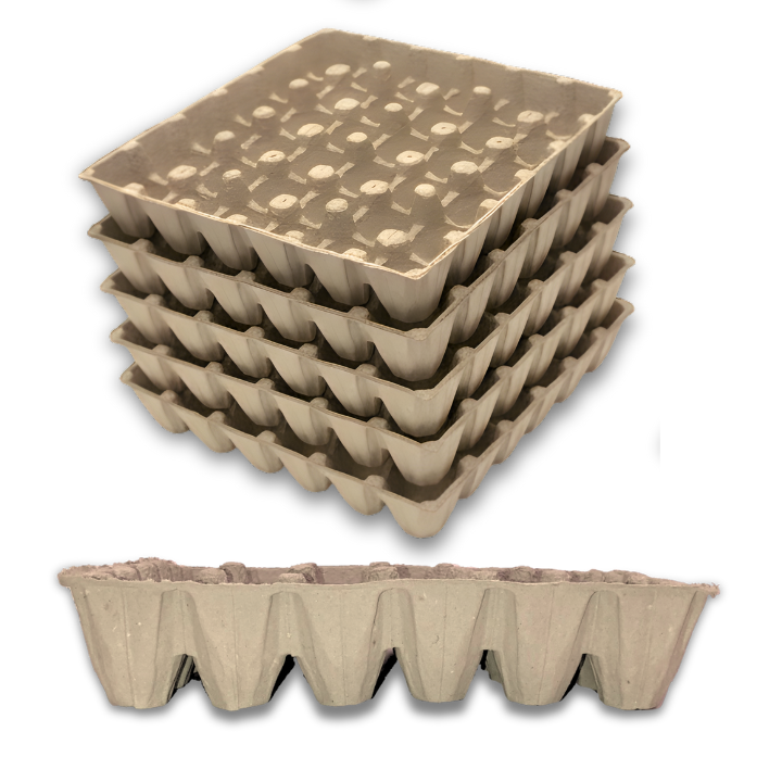 Angled and stacked view of a 36-cell pulp filler flat tray for eggs and machined parts