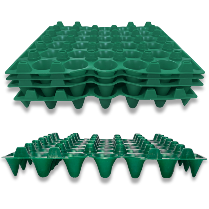 Stacked view of green heavy duty plastic egg filler flat trays for eggs or machined parts, wholesale pricing