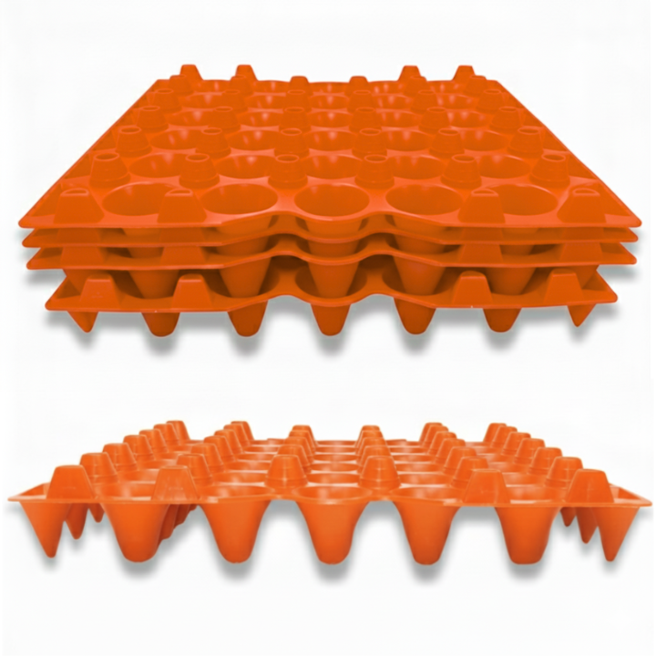 Stack of orange plastic egg filler flat trays bulk quantities and pricing, free shipping
