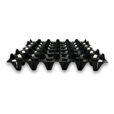 Egg Tray Filler Flat Side view of a black plastic 30-cell egg tray