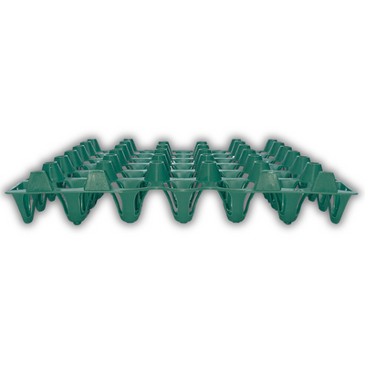 Side view of a plastic green washable, reusable egg try filler flat