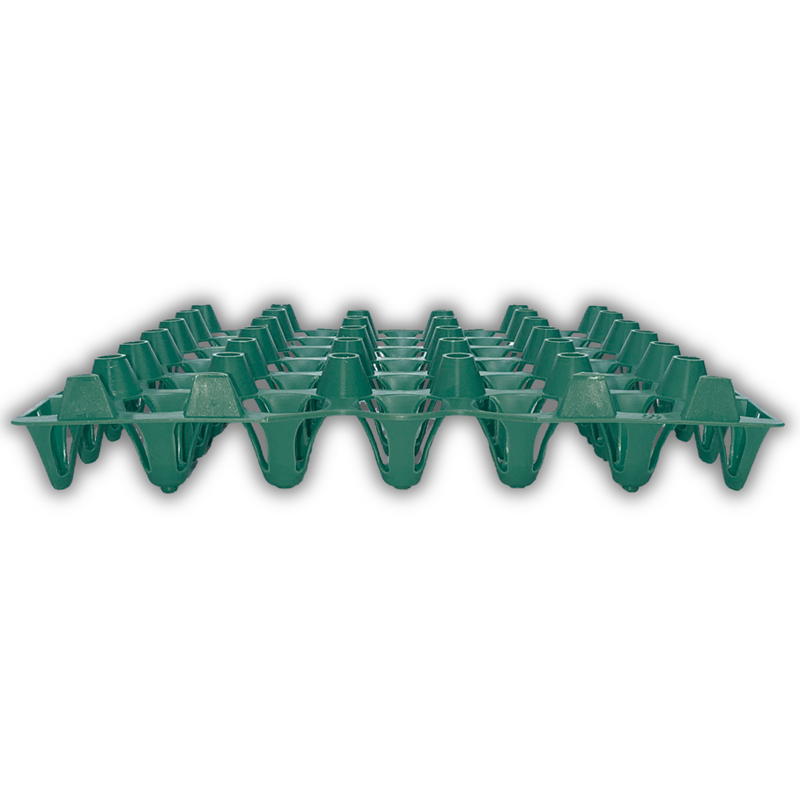 Side view of a plastic green washable, reusable egg try filler flat