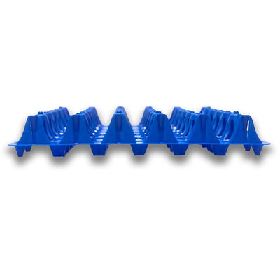 side view of blue plastic egg tray, stackable, washable