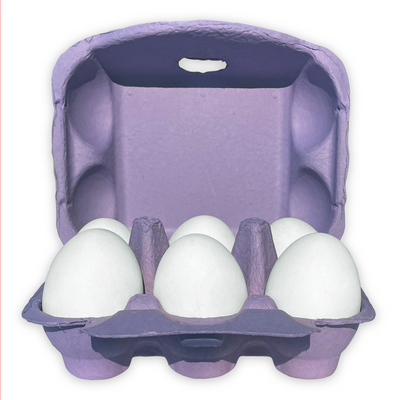 open view, purple egg carton, pulp, holds 6 eggs, wholesale, bulk pricing