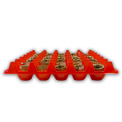 Red plastic, washable egg tray, machine parts, stackable, 11.25" x 11.00", 30 cell 